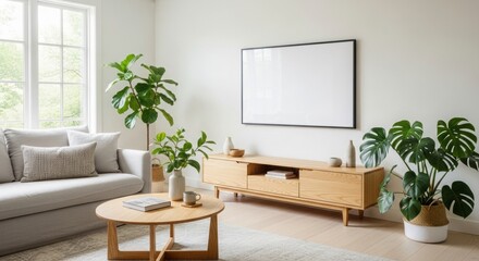 Bright living room with modern sofa, wooden furniture, and lush indoor plants