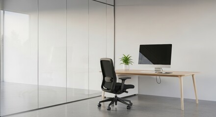 Modern minimalist office with desk, ergonomic chair, computer, and glass wall