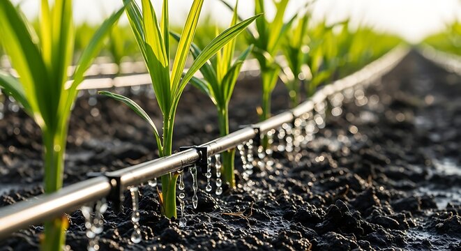 Precision irrigation system watering young plants in an agricultural field - Powered by Adobe
