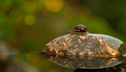 Obraz premium Tiny Snail Perched on a Wet Stone in a Serene Natural Setting.