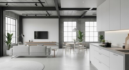 Modern open plan living room with kitchen, dining area, and large industrial windows