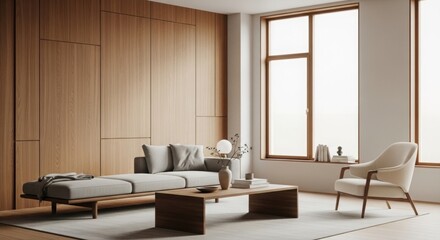 Minimalist living room with wooden wall, modern sofa, cozy chair, and natural daylight