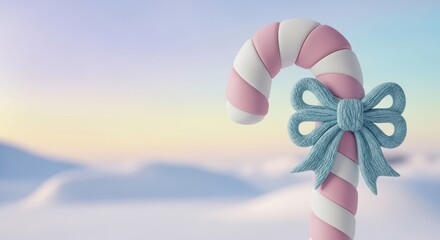 A pink and white candy cane with a blue bow in a snowy landscape