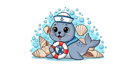 vector Cute Cartoon Seal Sailor with Lifebuoy
