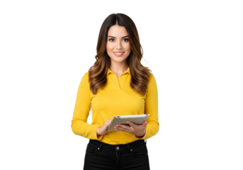 Woman in yellow shirt holding a tablet smiling bright on transparent background