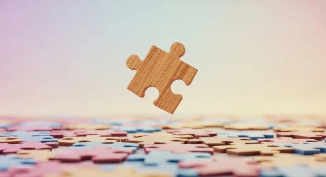 A single wooden puzzle piece floating above many others - Powered by Adobe