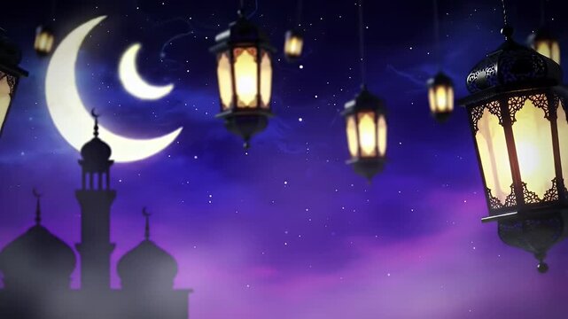 Illuminated Lanterns Against Purple Night Sky with Mosque Silhouette Background for Ramadan Celebration