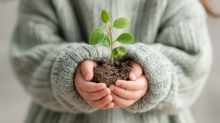 A child holds a small plant in soil, showcasing a connection with nature and nurturing growth.