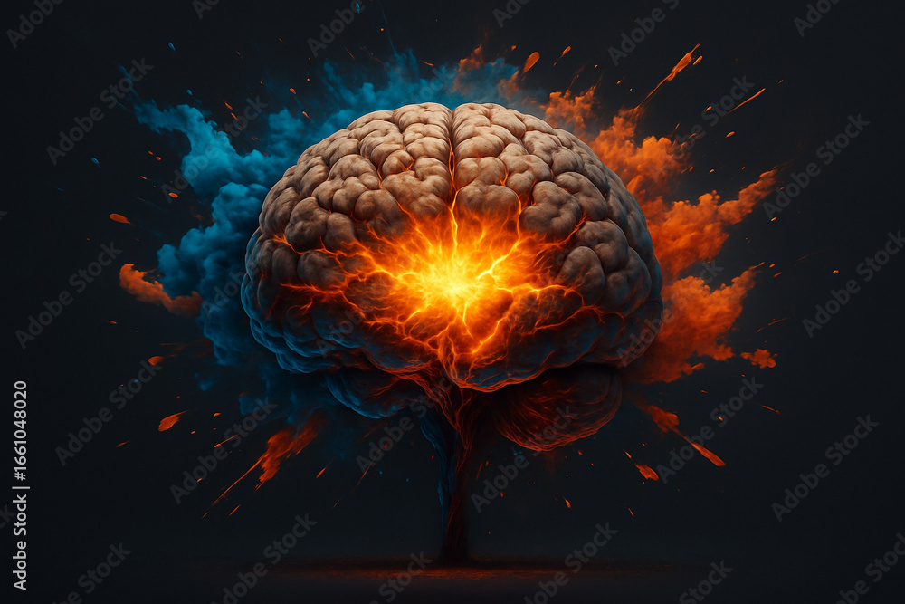 Aufkleber ai generated abstract digital art of a human brain front view exploding with golden light and colorf