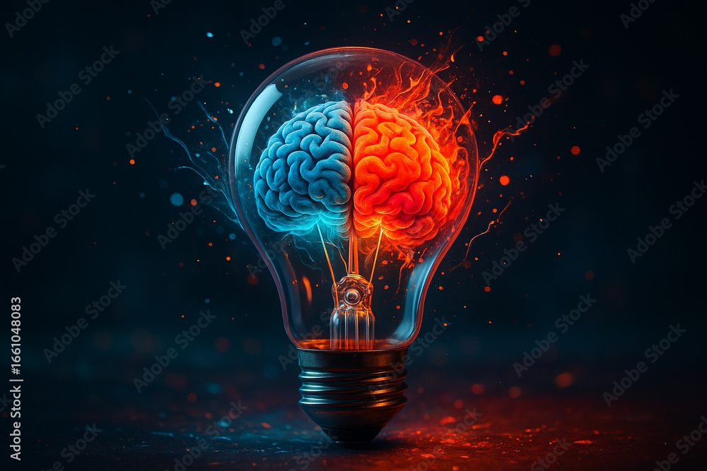 Poster ai generated surreal artwork of a lightbulb containing a colorful human brain symbolizing creativity