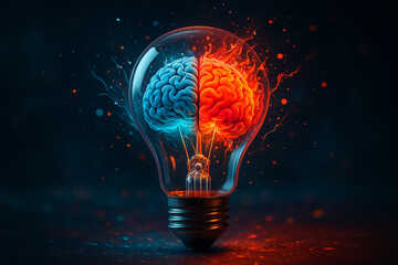 AI generated surreal artwork of a lightbulb containing a colorful human brain symbolizing creativity innovation logic and imagination with glowing sparks and vibrant energy