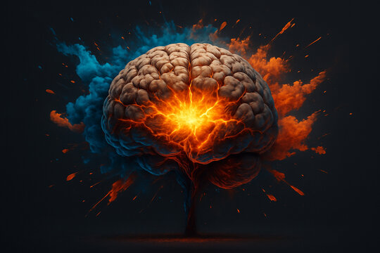 AI generated abstract digital art of a human brain front view exploding with golden light and colorful energy smoke symbolizing imagination inspiration and intellectual power