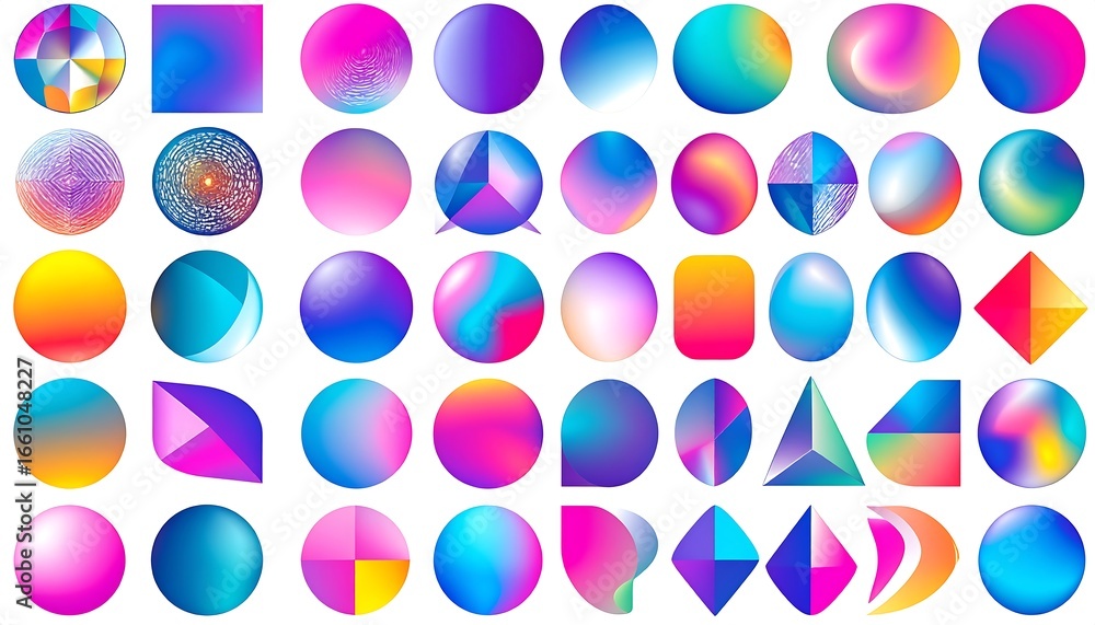 Aufkleber vibrant array of gradient-filled shapes, circles, squares, triangles with blend of colors