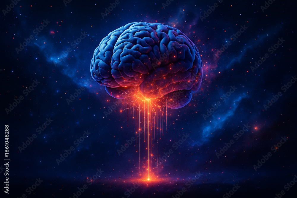 Poster ai generated hyper realistic abstract brain floating in cosmic space with glowing light energy lines