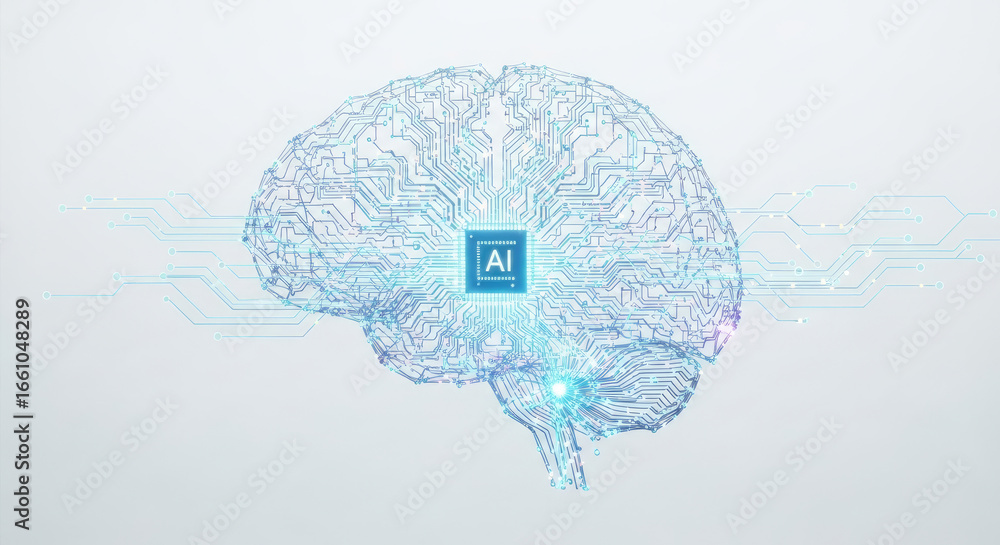 Poster artificial intelligence brain circuit board on a white background with ai chip symbol