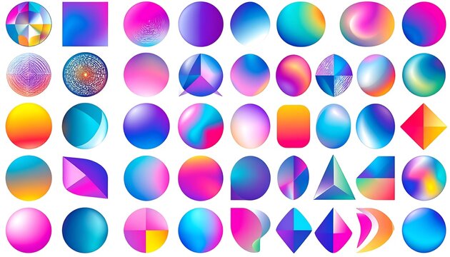 Vibrant array of gradient-filled shapes, circles, squares, triangles with blend of colors