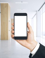 Hand Holding Phone, Office Interior