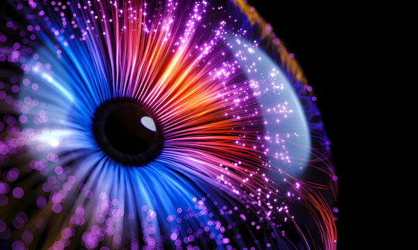 Abstract futuristic eye with colorful fiber optics and glowing particles