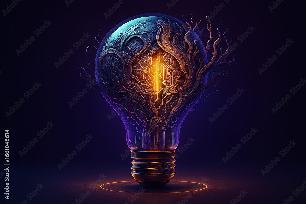 Poster ai generated surreal lightbulb with mechanical brain glowing in gold blending organic roots and digi