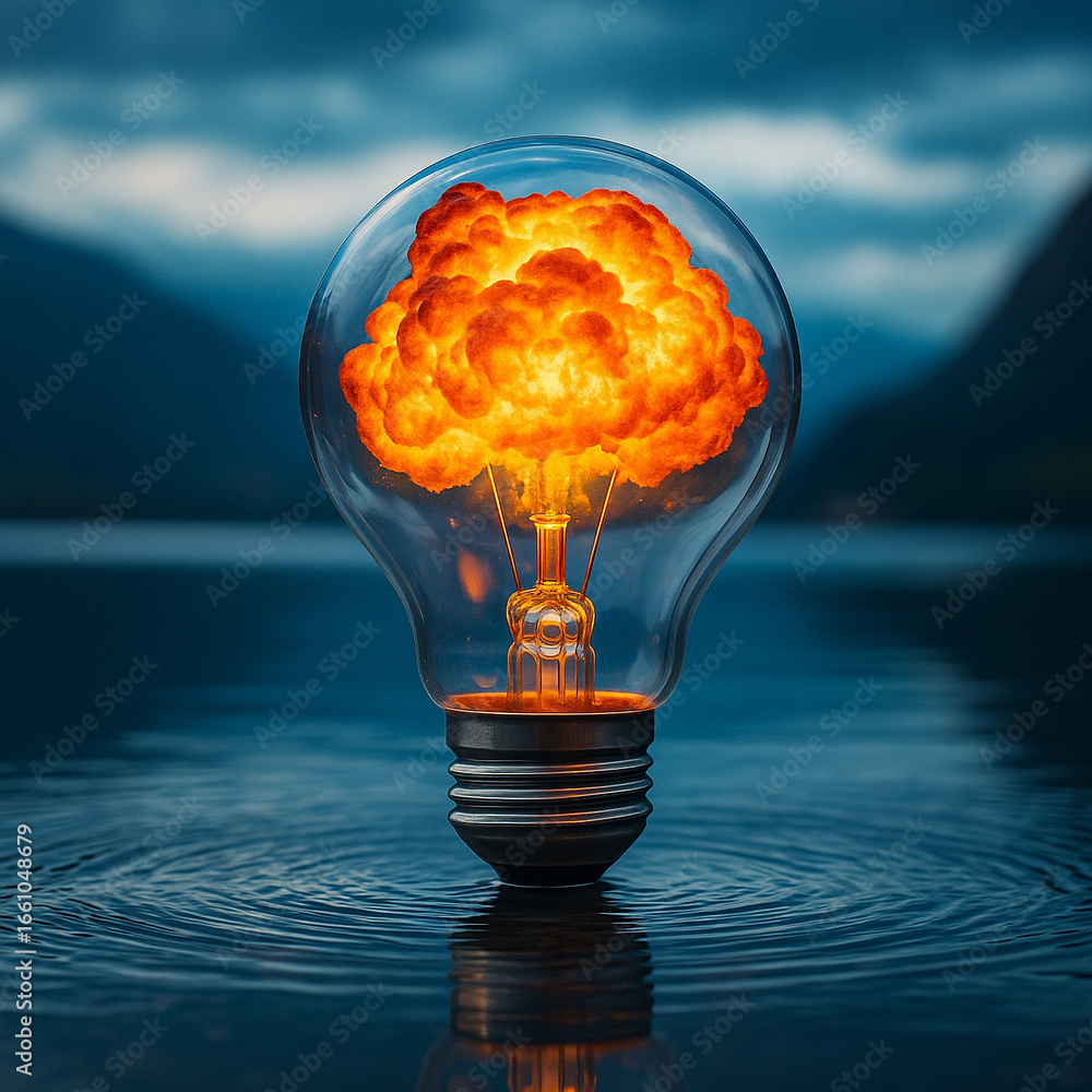 Poster ai generated surreal artwork of a transparent light bulb floating above water with an inner explosio