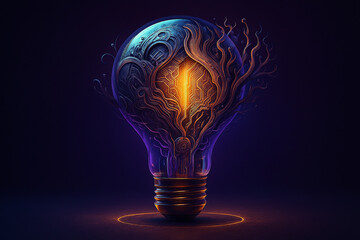 AI generated surreal lightbulb with mechanical brain glowing in gold blending organic roots and digital circuits symbolizing creativity intelligence and futuristic inspiration