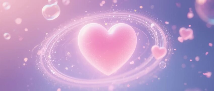 Romantic Valentine's Day illustration with shiny pink hearts and a light frame on an abstract background