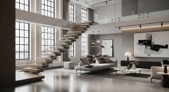 Modern loft interior with floating staircase, large windows, and elegant minimalist decor.