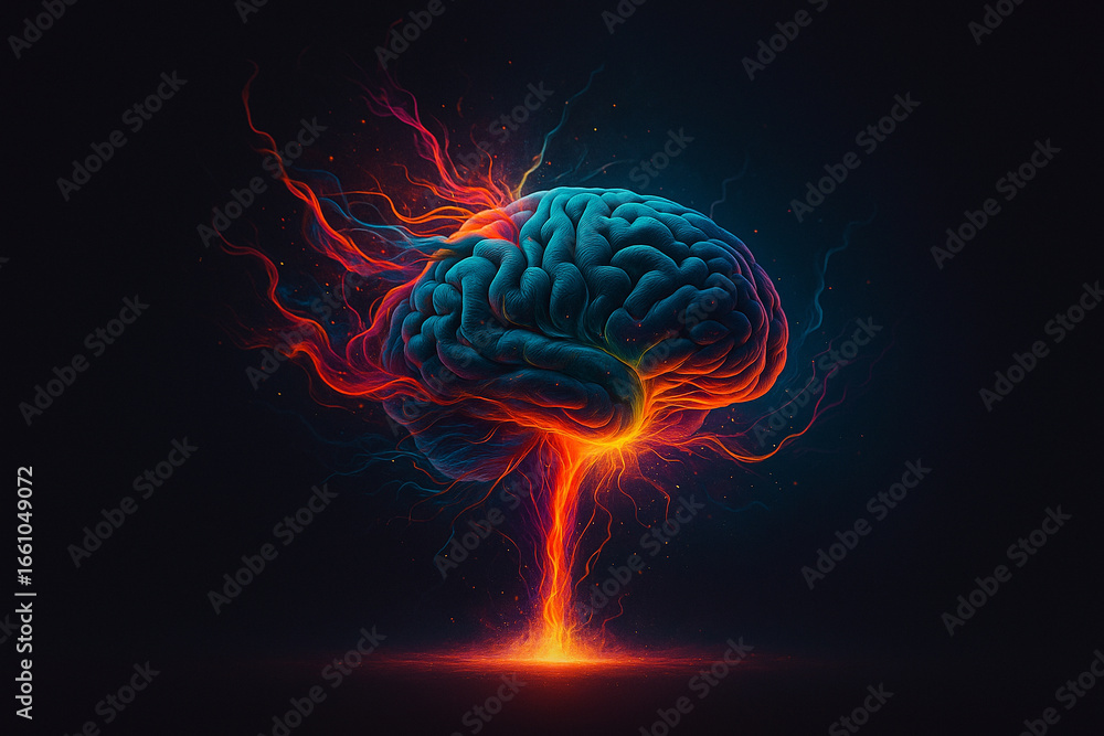 Poster ai generated ultra realistic digital art of a human brain side view with glowing colorful energy lin