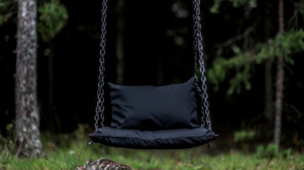 A black swing hangs from a tree in a forest.