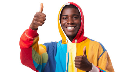 A cheerful young man wearing a colorful hoodie gives a thumbs-up gesture, exuding positivity and confidence, against a plain background, ideal for motivational content