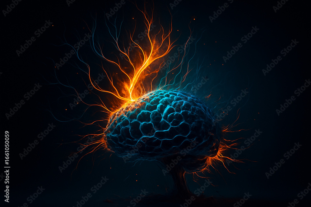 Poster ai generated digital art of a human brain glowing with blue neon and orange energy lines symbolizing
