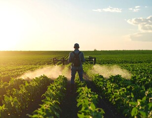 Fototapeta premium Farmer spraying crops at sunset