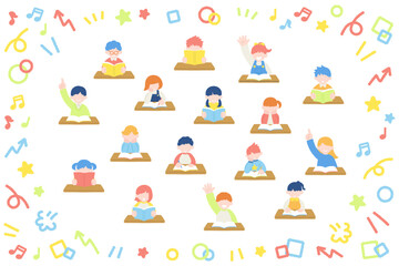 机で勉強をするこども達と簡単なアイコンのフラットなイラスト(セット)
