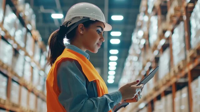 Warehouse worker wearing safety helmet and orange vest using digital tablet for inventory management and control storage facility with shelves