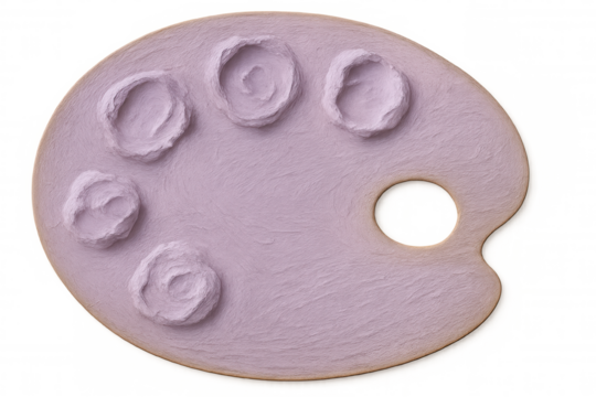 Lavender-splattered wooden artist palette with thick paint dollops, resting against transparent background - Powered by Adobe