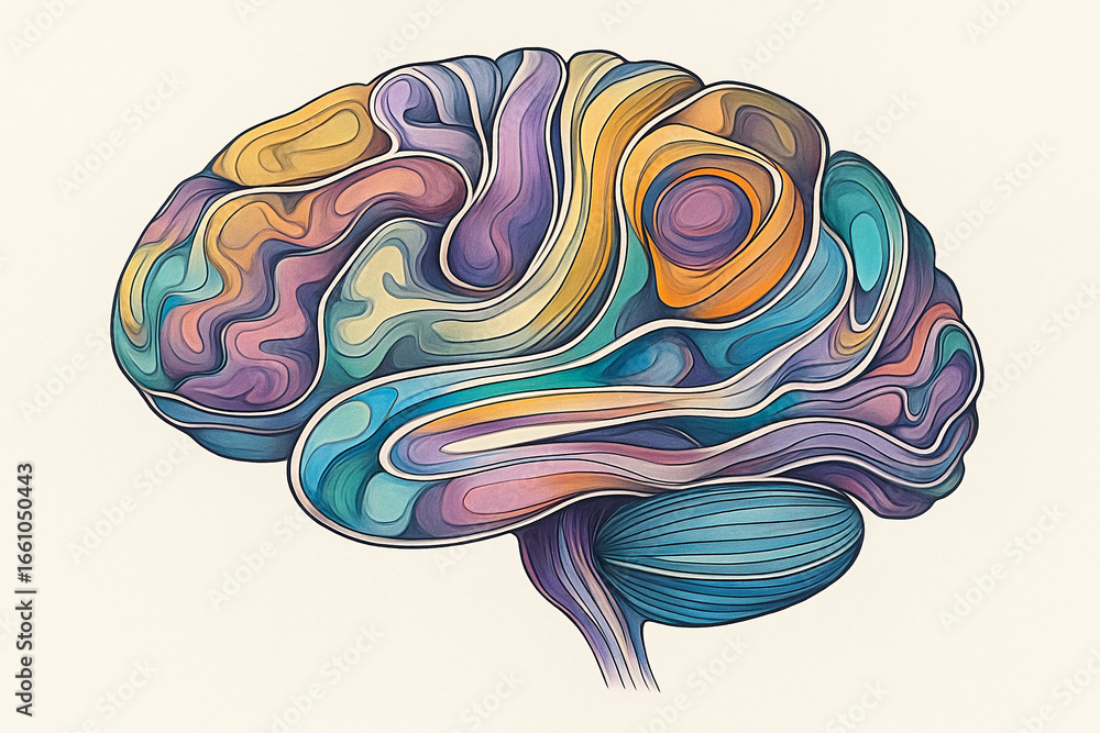 Poster ai generated abstract illustration of a human brain with vivid pastel tones blending science and cre