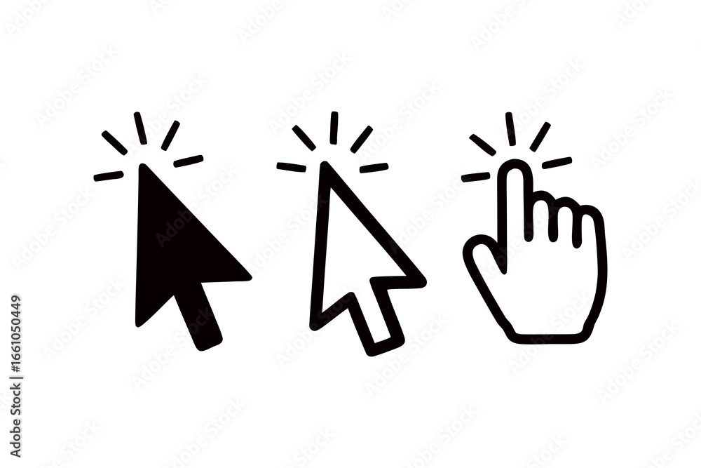 Poster diverse cursor set representing clicking action and navigation in digital interfaces for website des