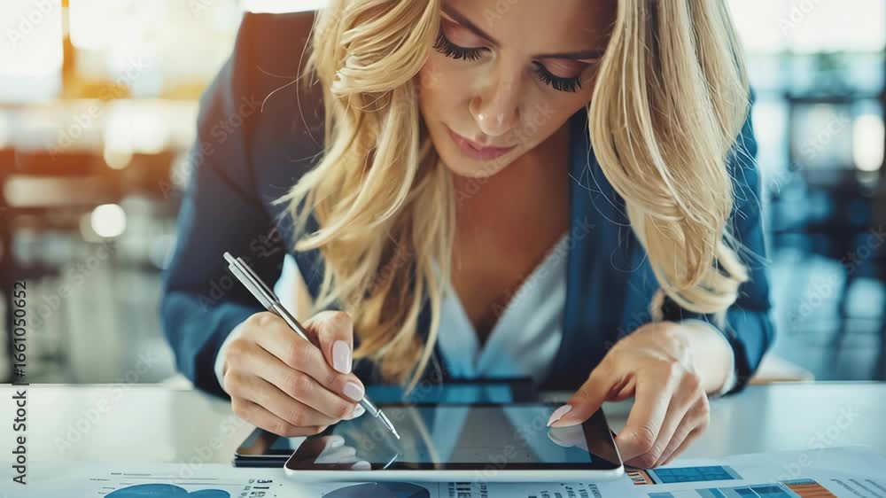 Aufkleber businesswoman analyzing financial chart and data with digital tablet and stylus focused on data anal