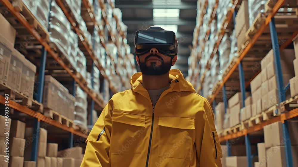 Poster man wearing virtual reality headset exploring warehouse with shelves full of boxes using advanced te