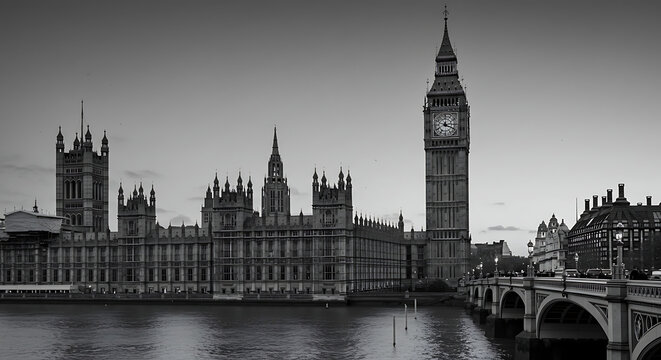 A black and white photo of the Houses of Parliament and Big Ben.