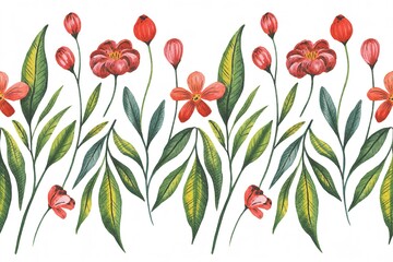 Watercolor Floral Border Red  Green Flower Pattern