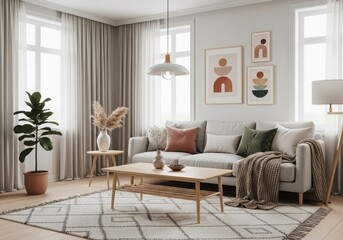 Fototapeta premium Minimalist Scandinavian living room with neutral tones, cozy sofa, and natural wooden accents.
