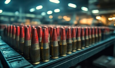 Rocket artillery ammunition production in an industrial setting, with fast and precise work being carried out in a military complex. The urgency and importance of high-quality, Generative AI