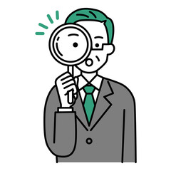 虫眼鏡を覗く中年のスーツの男性