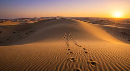 A sand dune with a single, winding track at sunset.
