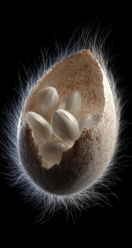 Eggshell revealing white eggs, with fuzzy aura on a black background