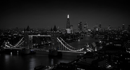 A black and white photograph of London's cityscape at night.