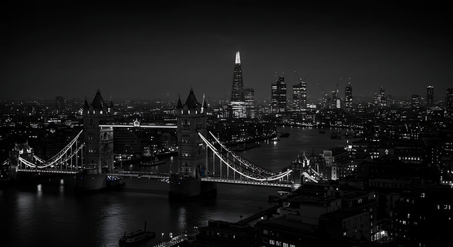 A black and white photograph of London's cityscape at night. - Powered by Adobe