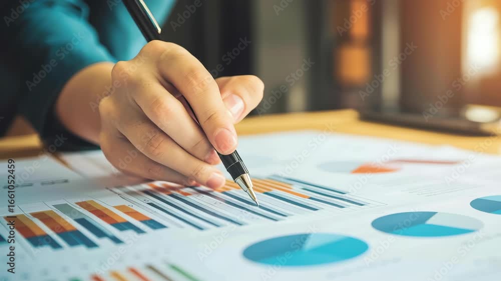 Poster analyzing financial chart with pen on paper showing business report, colorful bar graph and detailed
