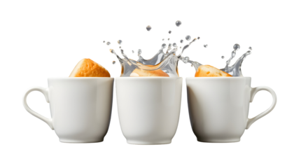 Bread dunking in water splashes in three white mugs